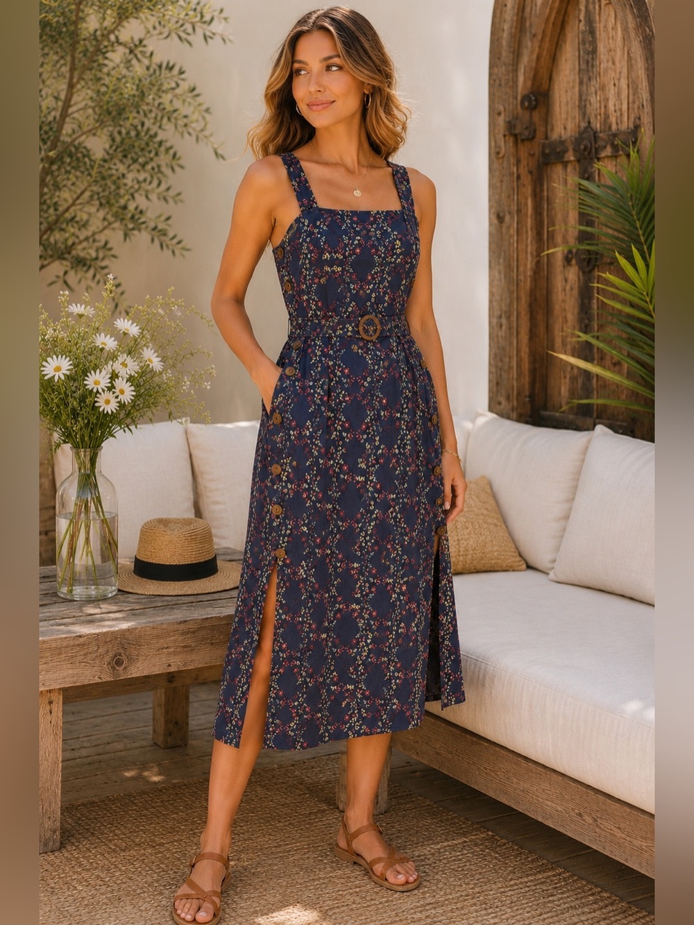 NWOT ANTHROPOLOGIE CURRENT AIR Blue Floral Square Neck Midi Dress Side Buttons